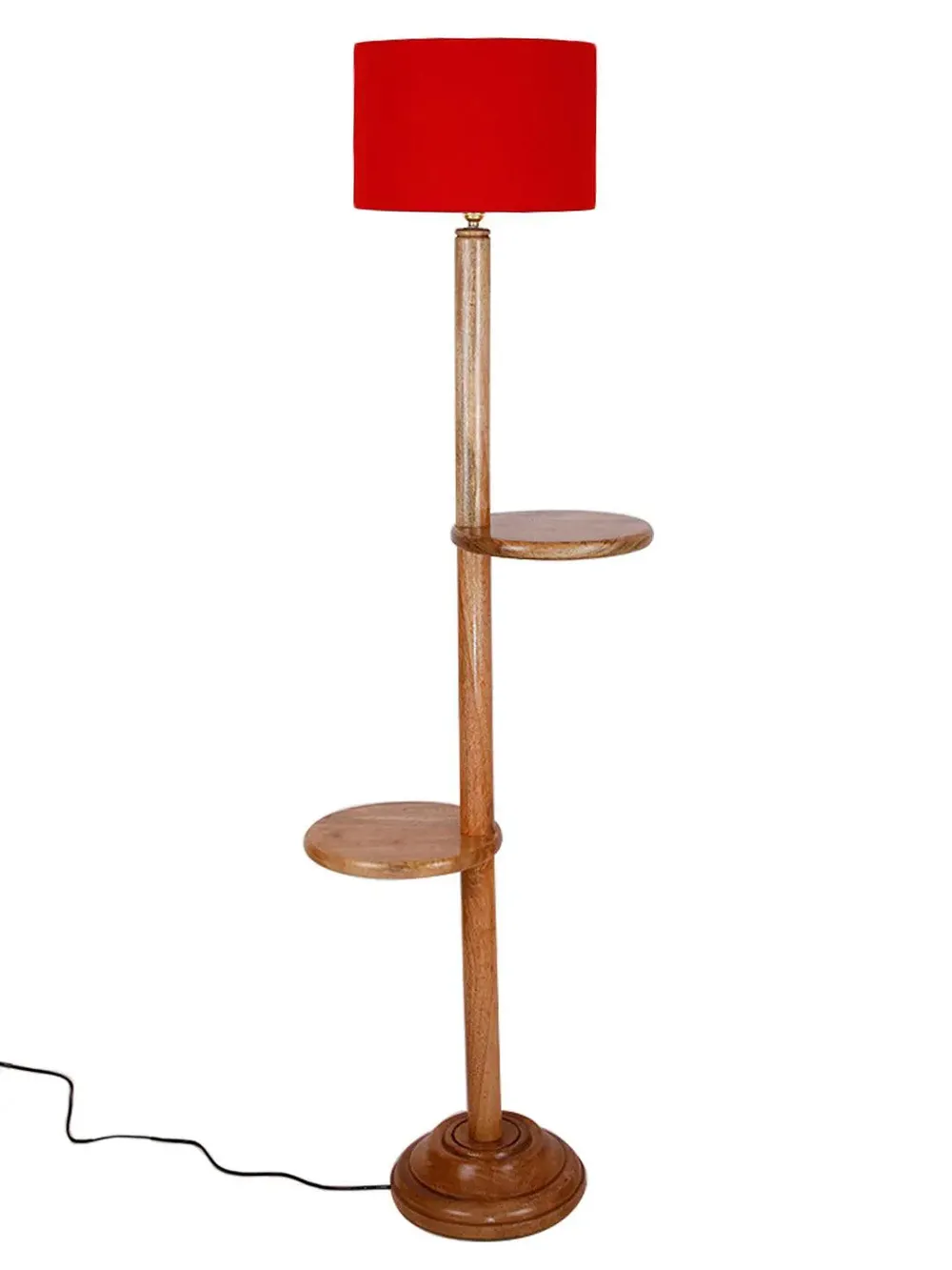 Natural Wood Dual Table Floor Lamp With Cotton Shade Red