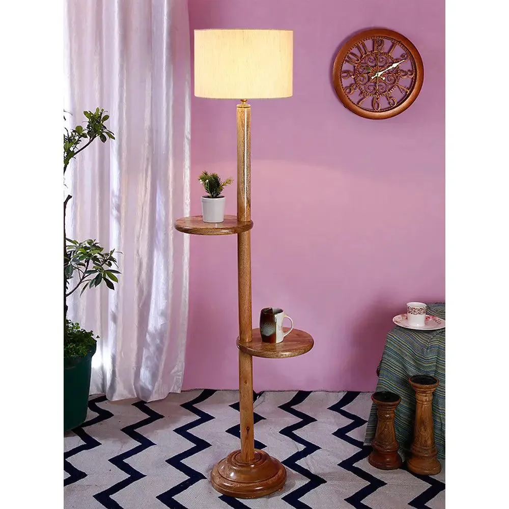 Natural Wood Dual Table Floor Lamp With Cotton Shade Red