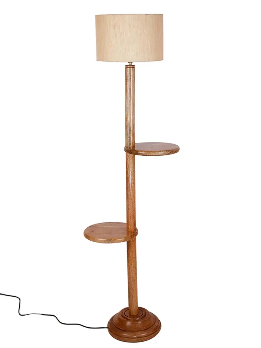 Natural Wood Dual Table Floor Lamp With Cotton Shade Red