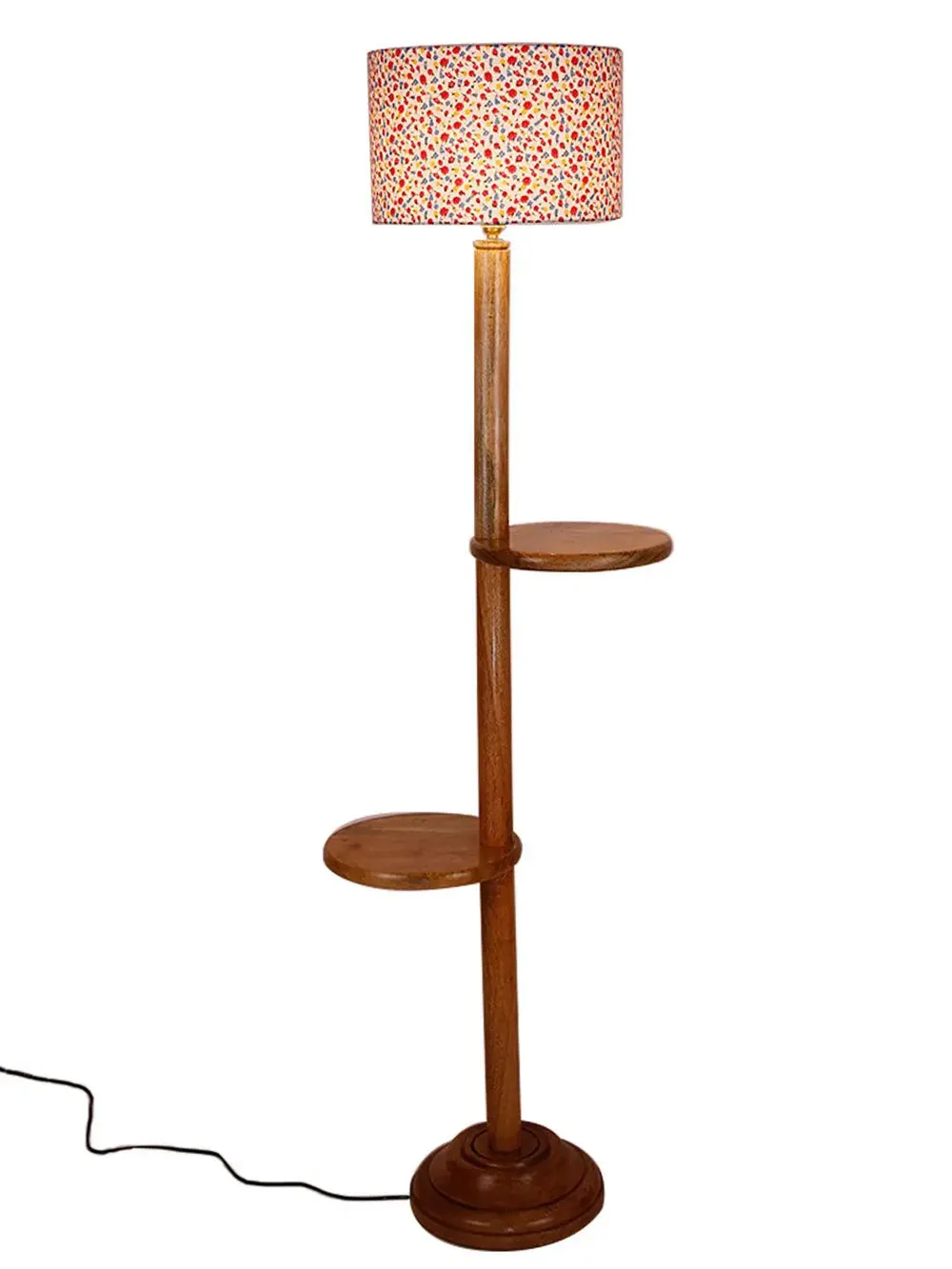 Natural Wood Dual Table Floor Lamp With Designer Shade