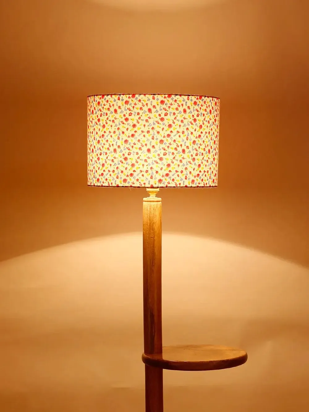 Natural Wood Dual Table Floor Lamp With Designer Shade