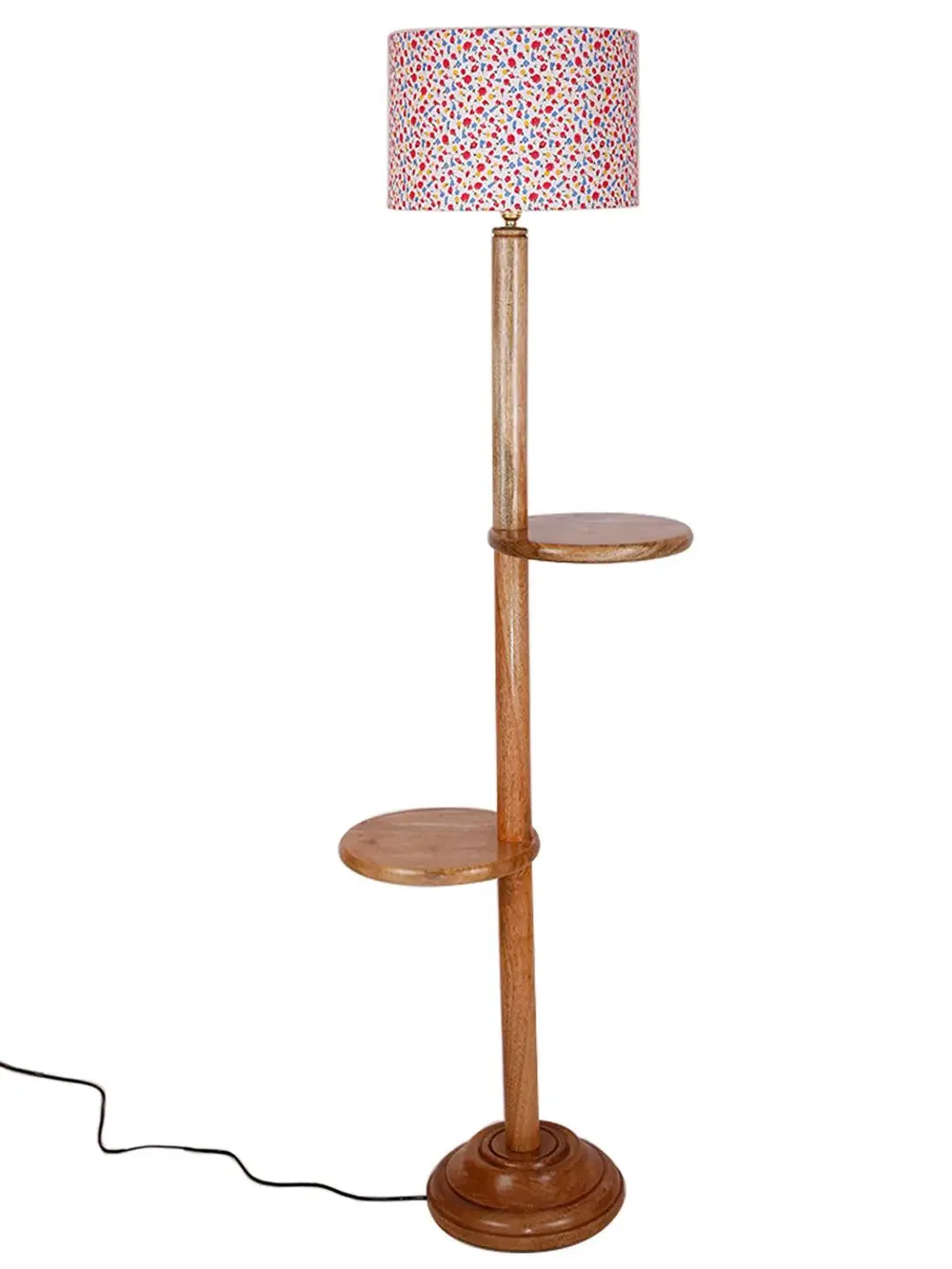 Natural Wood Dual Table Floor Lamp With Designer Shade