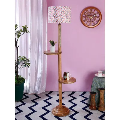 Natural Wood Dual Table Floor Lamp With Designer Shade