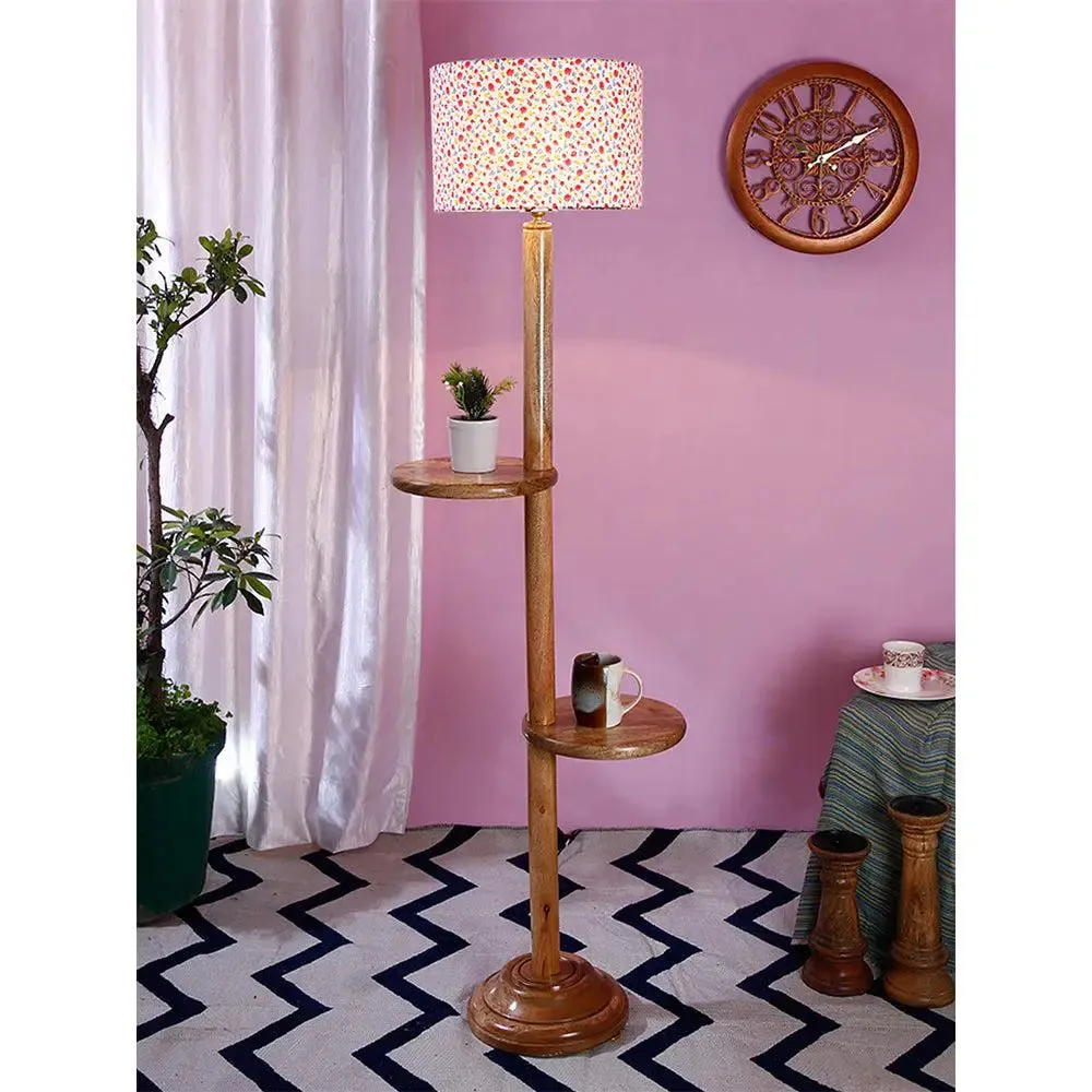 Natural Wood Dual Table Floor Lamp With Designer Shade