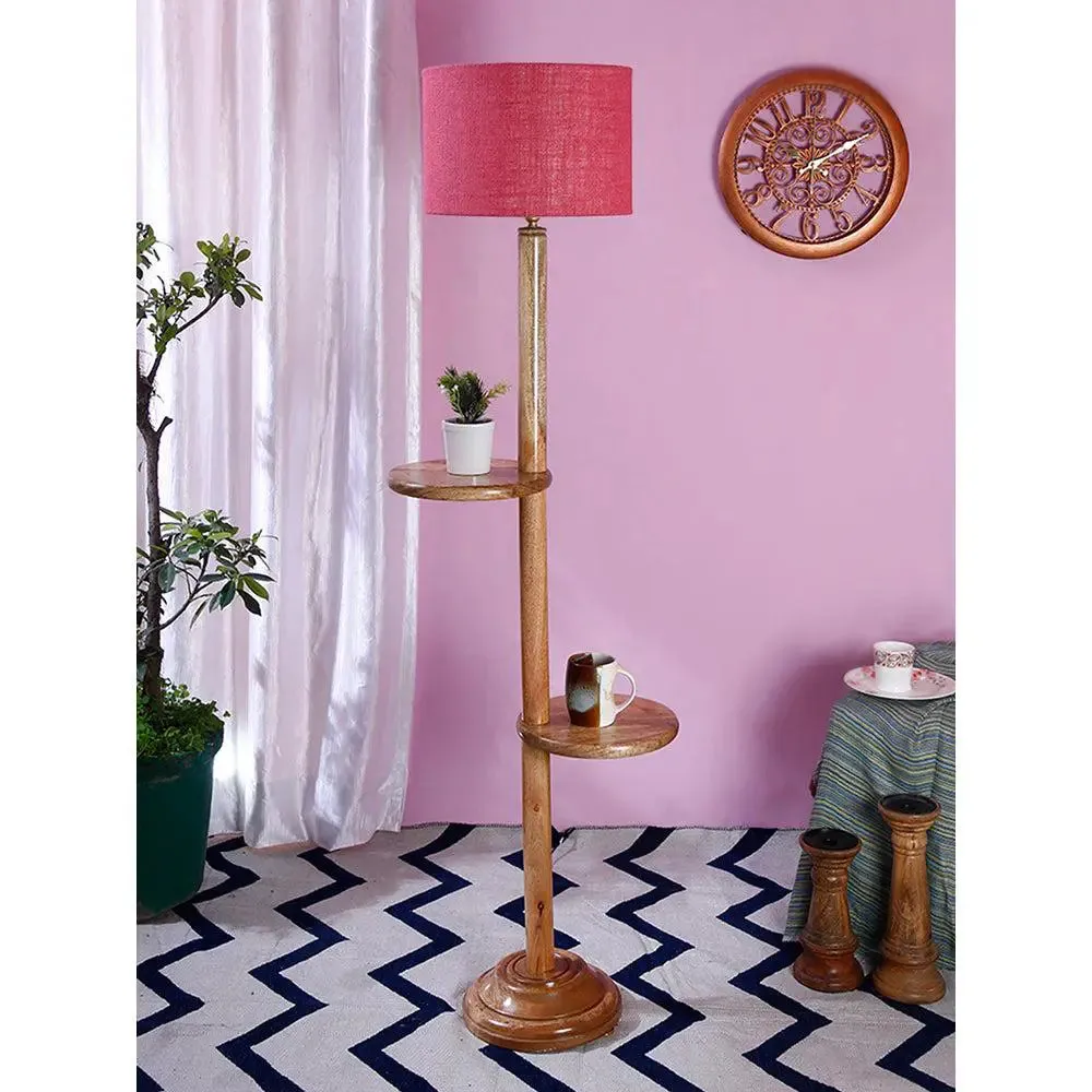 Natural Wood Dual Table Floor Lamp With Jute Shade Pink