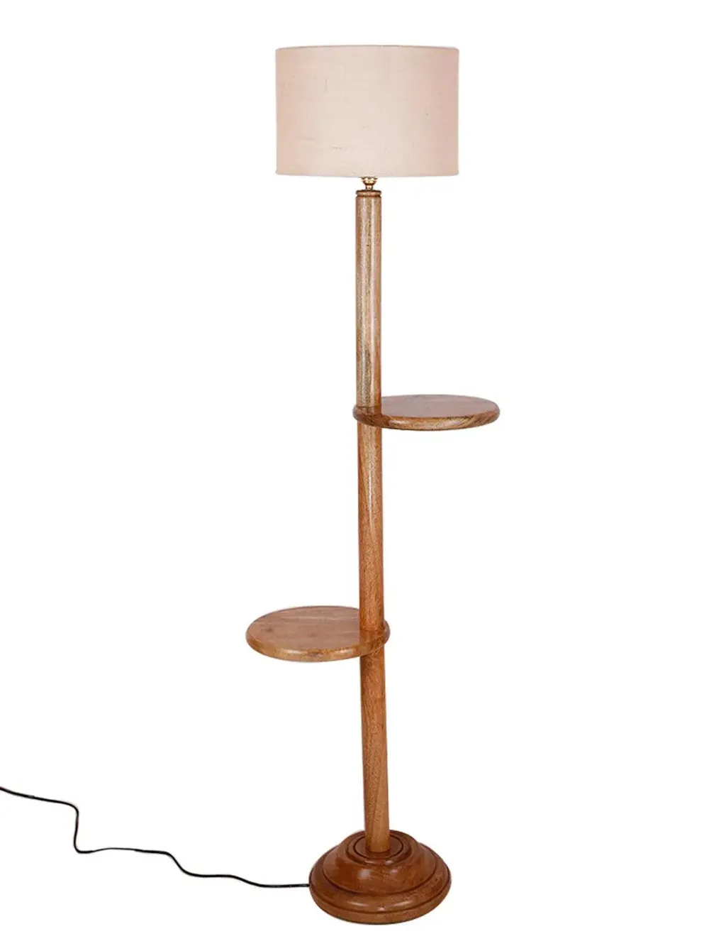 Natural Wood Dual Table Floor Lamp With Jute Shade Pink