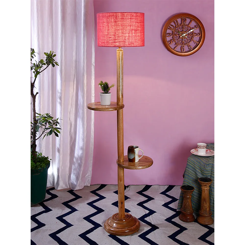 Natural Wood Dual Table Floor Lamp With Jute Shade Pink