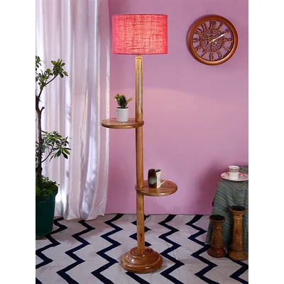Natural Wood Dual Table Floor Lamp With Jute Shade
