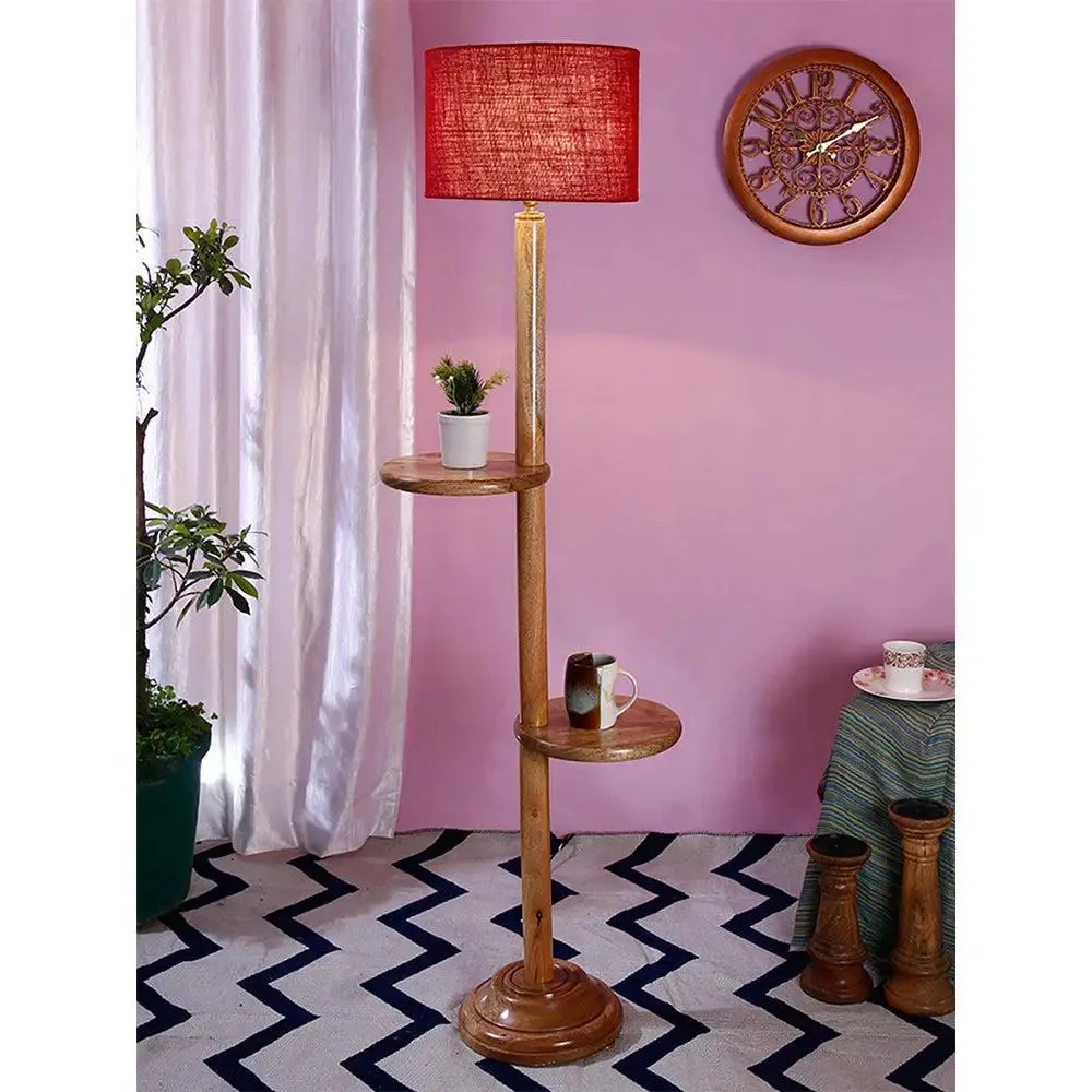 Natural Wood Dual Table Floor Lamp With Jute Shade Pink