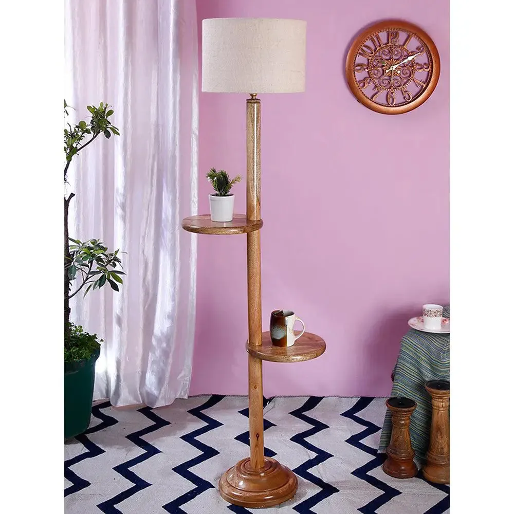 Natural Wood Dual Table Floor Lamp With Jute Shade Pink