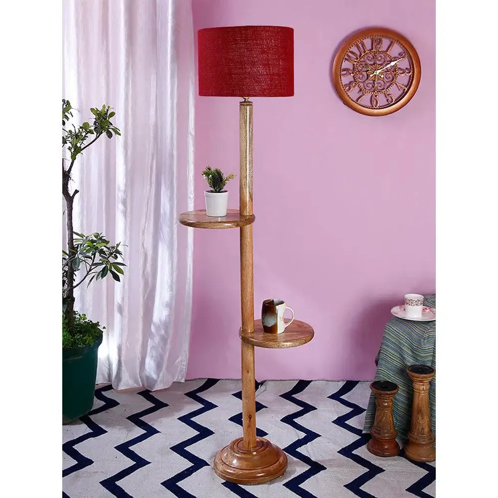 Natural Wood Dual Table Floor Lamp With Jute Shade Pink