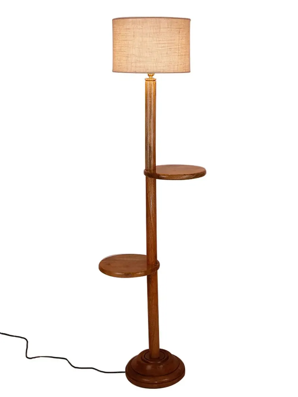 Natural Wood Dual Table Floor Lamp With Jute Shade Pink