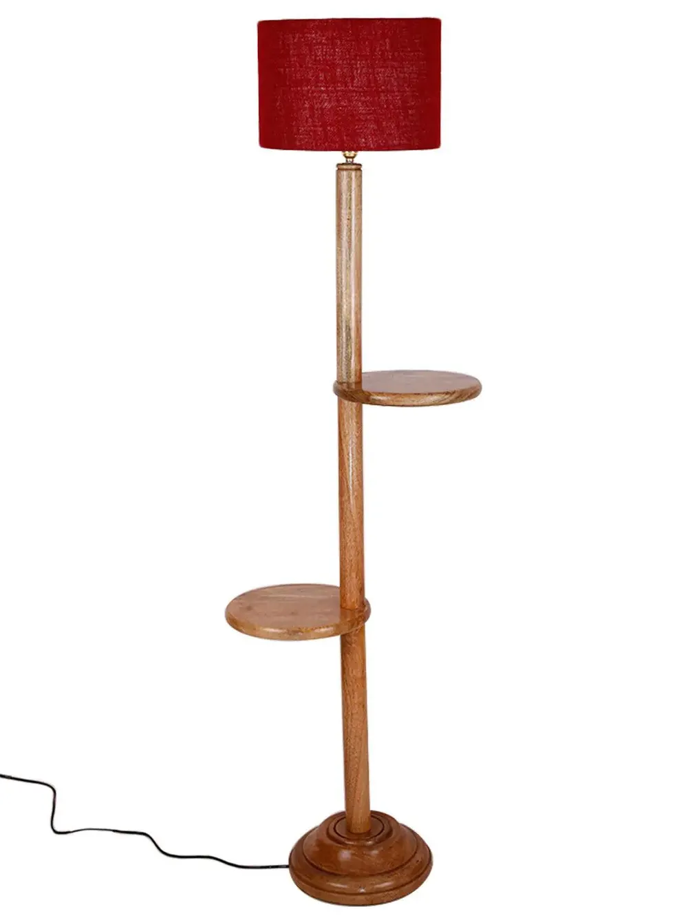 Natural Wood Dual Table Floor Lamp With Jute Shade Pink