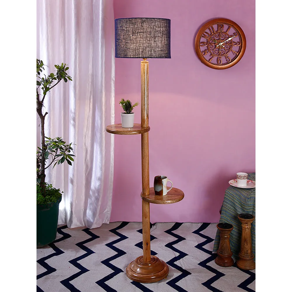 Natural Wood Dual Table Floor Lamp With Jute Shade Pink