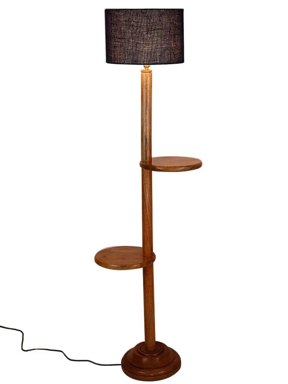 Natural Wood Dual Table Floor Lamp With Jute Shade Pink