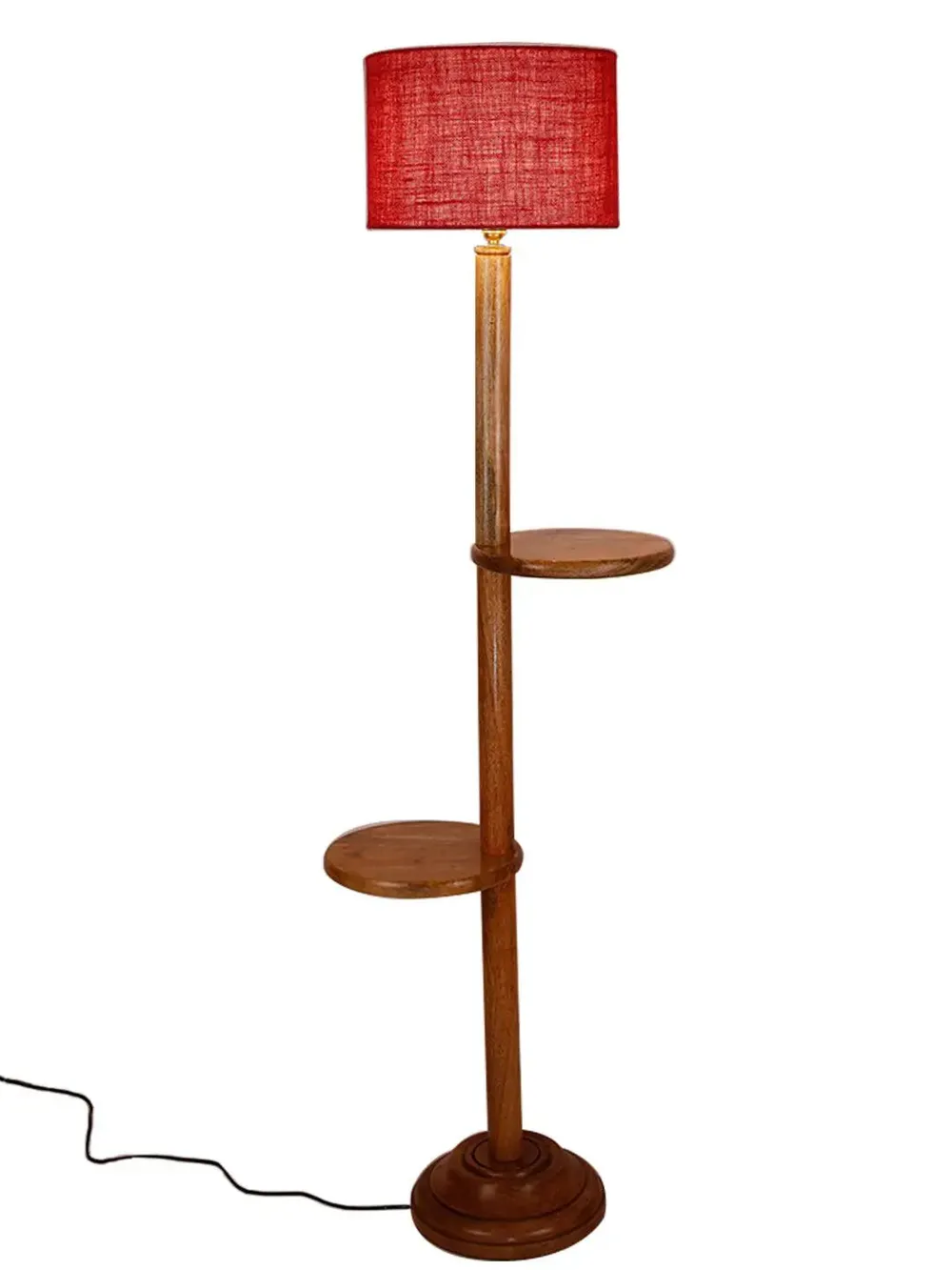 Natural Wood Dual Table Floor Lamp With Jute Shade Pink