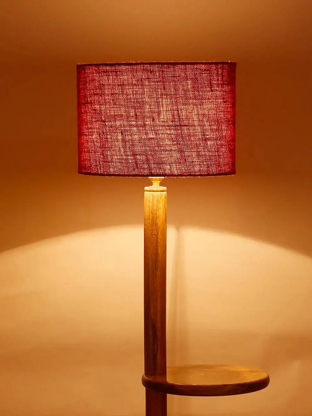 Natural Wood Dual Table Floor Lamp With Jute Shade Pink