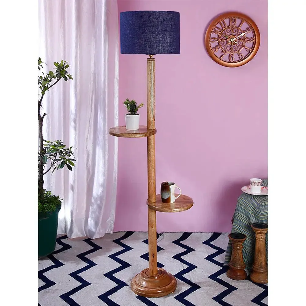 Natural Wood Dual Table Floor Lamp With Jute Shade Pink