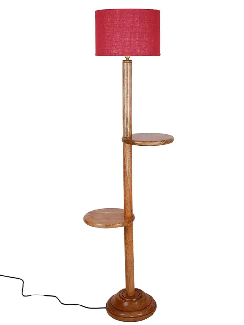Natural Wood Dual Table Floor Lamp With Jute Shade Pink