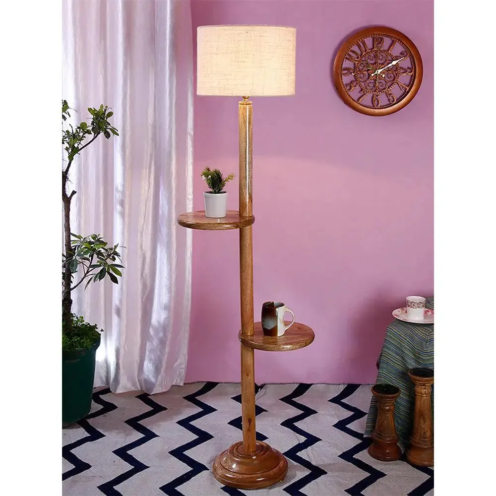 Natural Wood Dual Table Floor Lamp With Jute Shade Pink