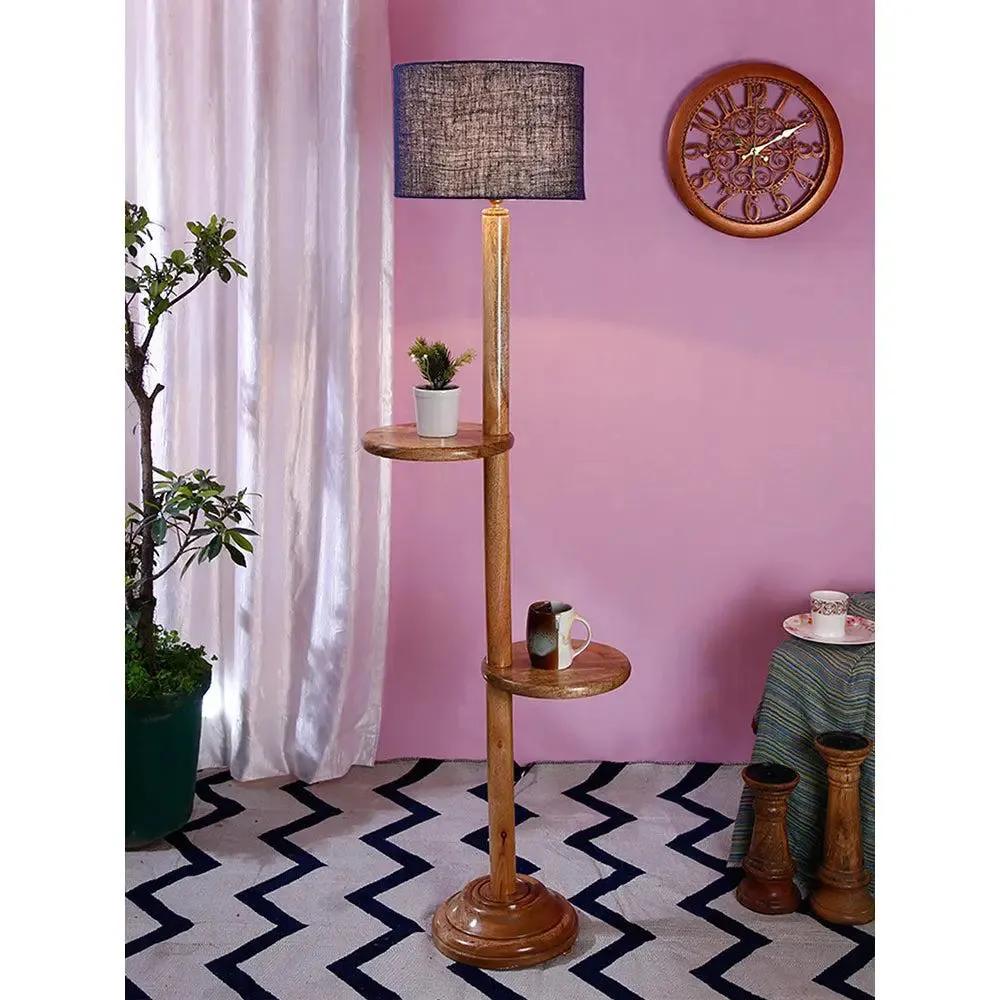 Natural Wood Dual Table Floor Lamp With Jute Shade Pink
