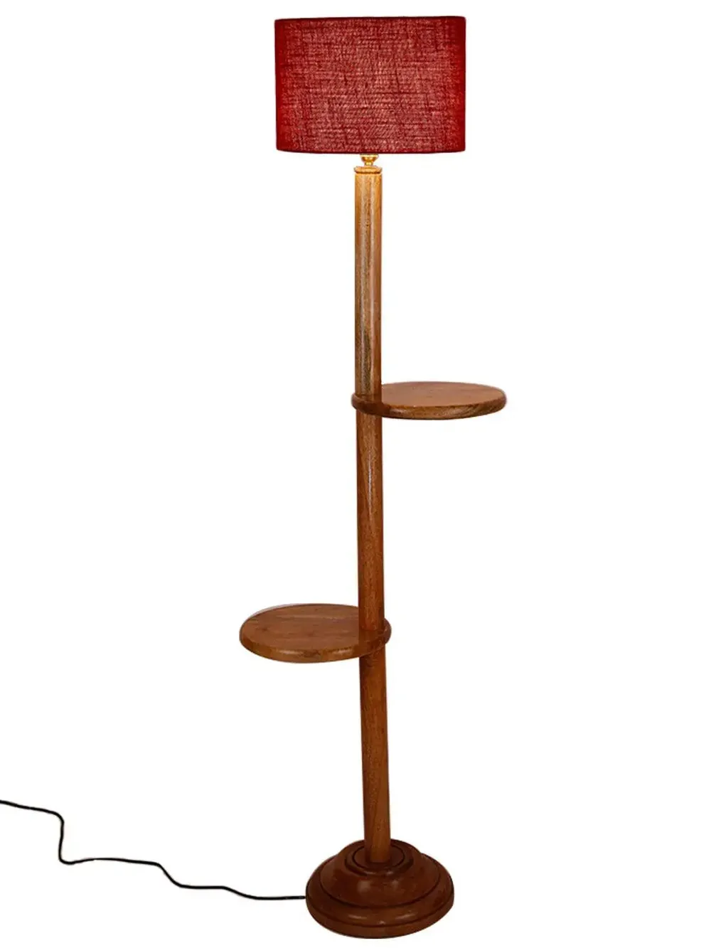 Natural Wood Dual Table Floor Lamp With Jute Shade Pink