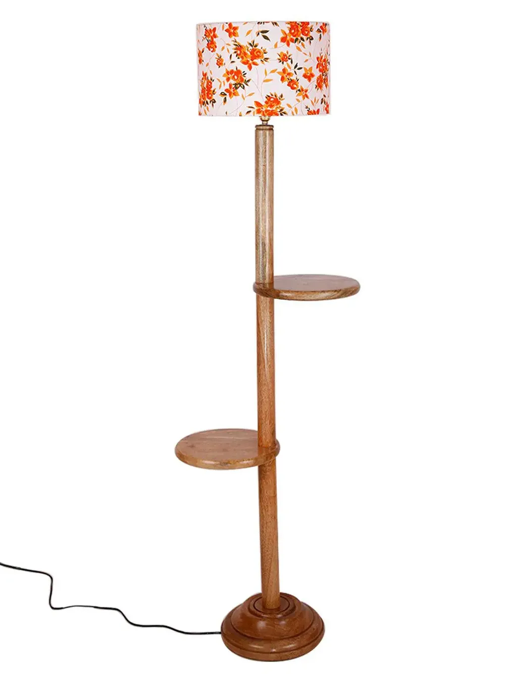 Natural Wood Dual Table Floor Lamp With Orange Shade