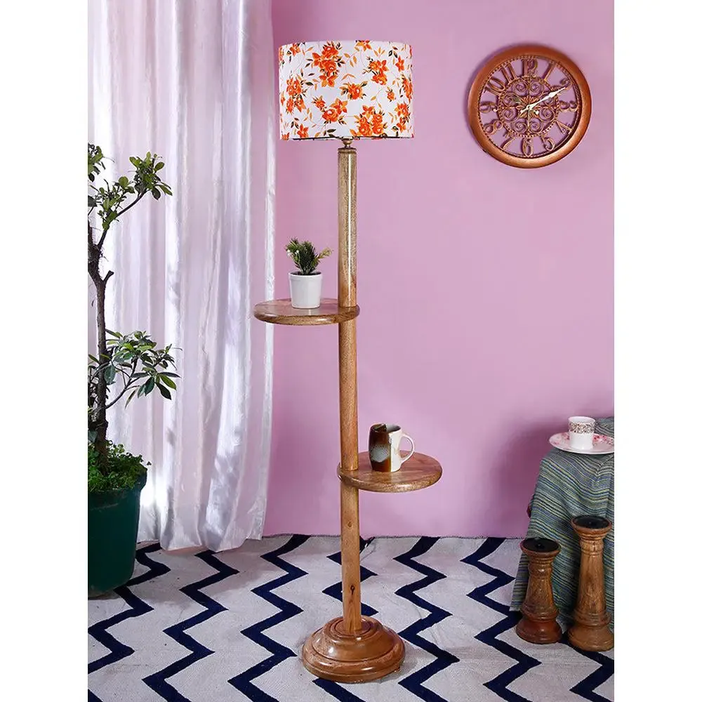 Natural Wood Dual Table Floor Lamp With Orange Shade