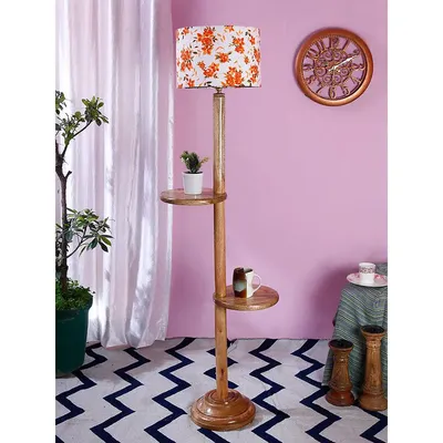 Natural Wood Dual Table Floor Lamp With Orange Shade