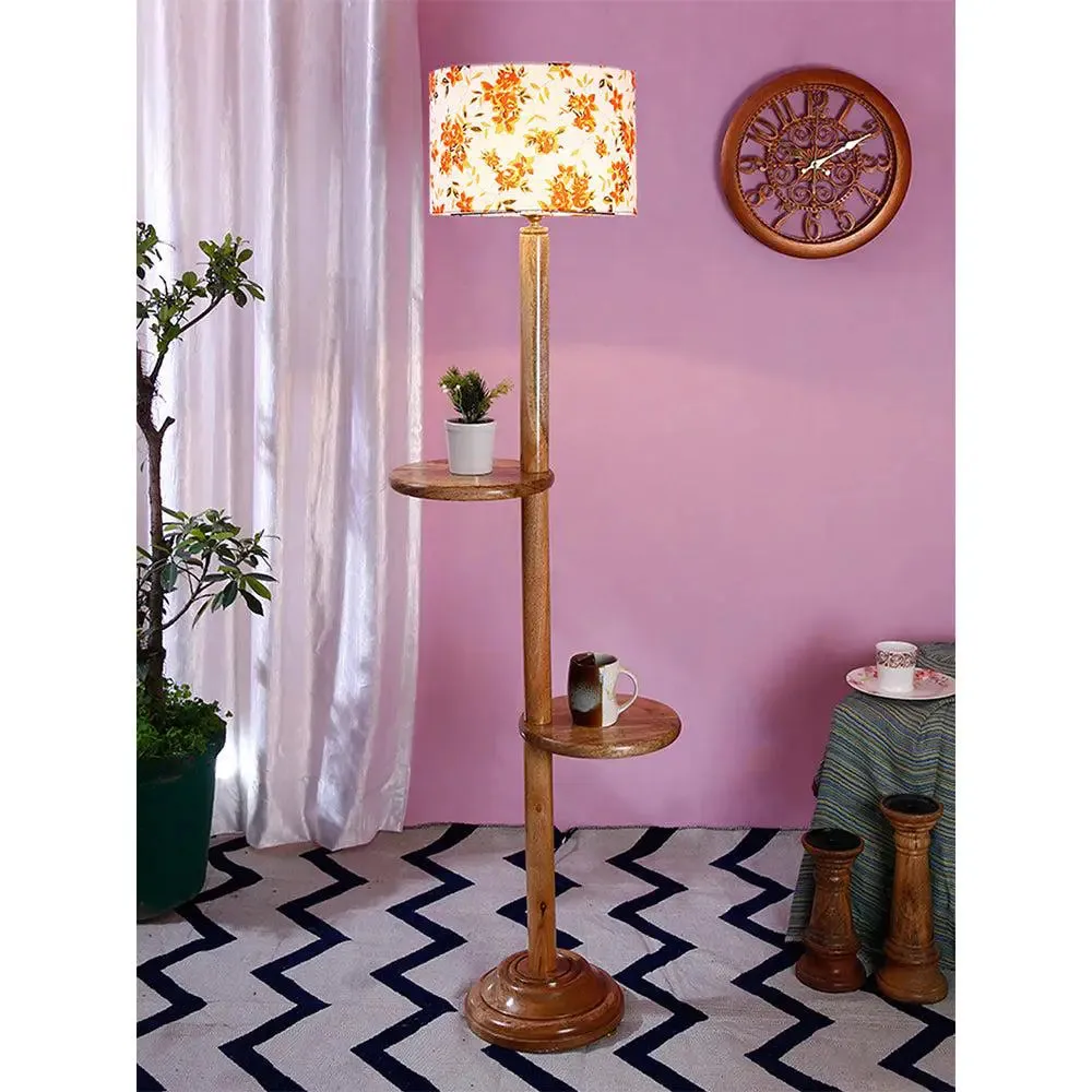 Natural Wood Dual Table Floor Lamp With Orange Shade