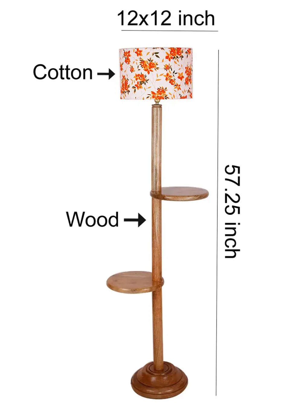 Natural Wood Dual Table Floor Lamp With Orange Shade