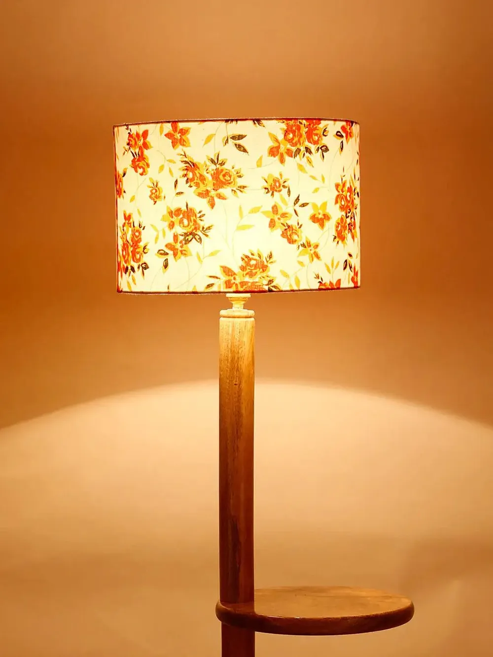 Natural Wood Dual Table Floor Lamp With Orange Shade
