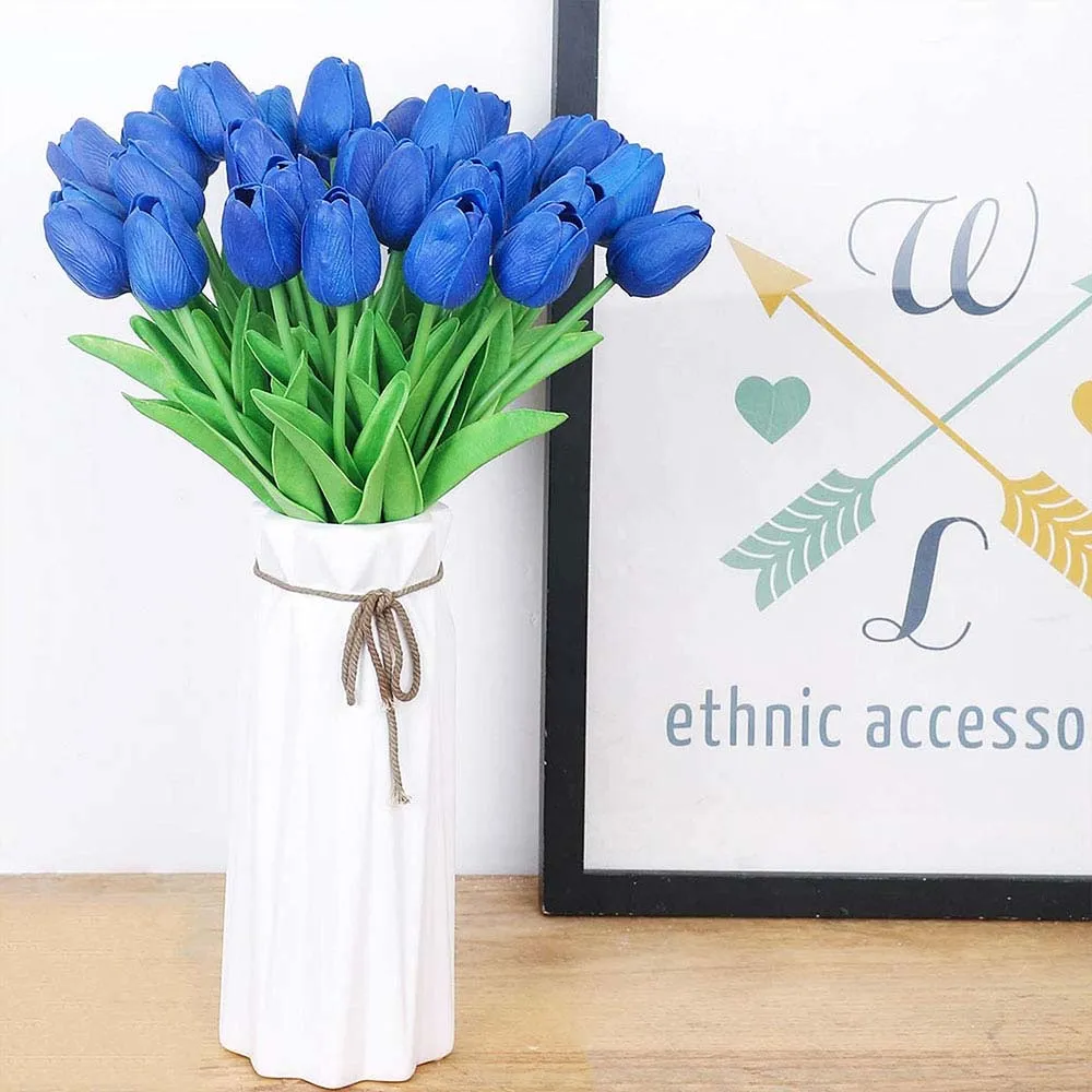 Navy Blue Artificial Tulip Silk Flower Sticks Set Of 5