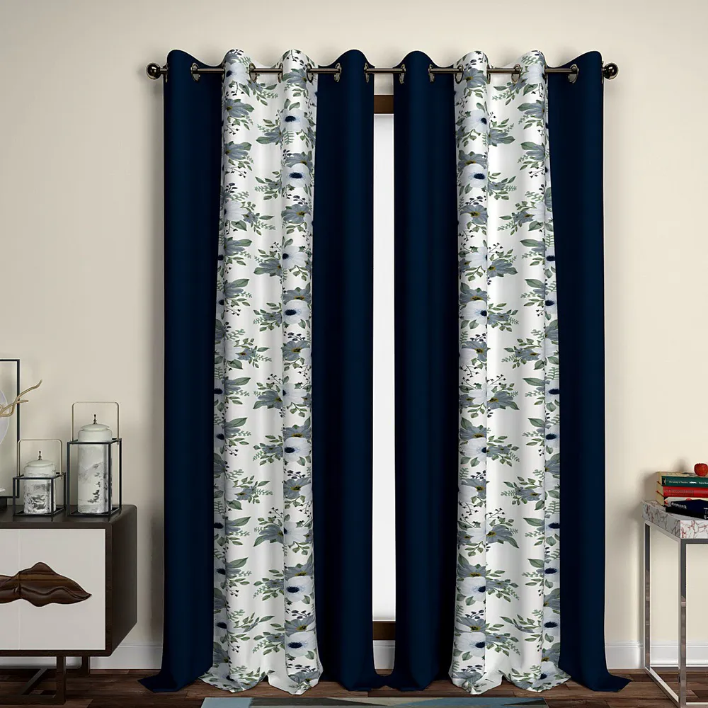 Navy Blue Floral Designer Layered Door Curtain Medium Single Piece (7ft)