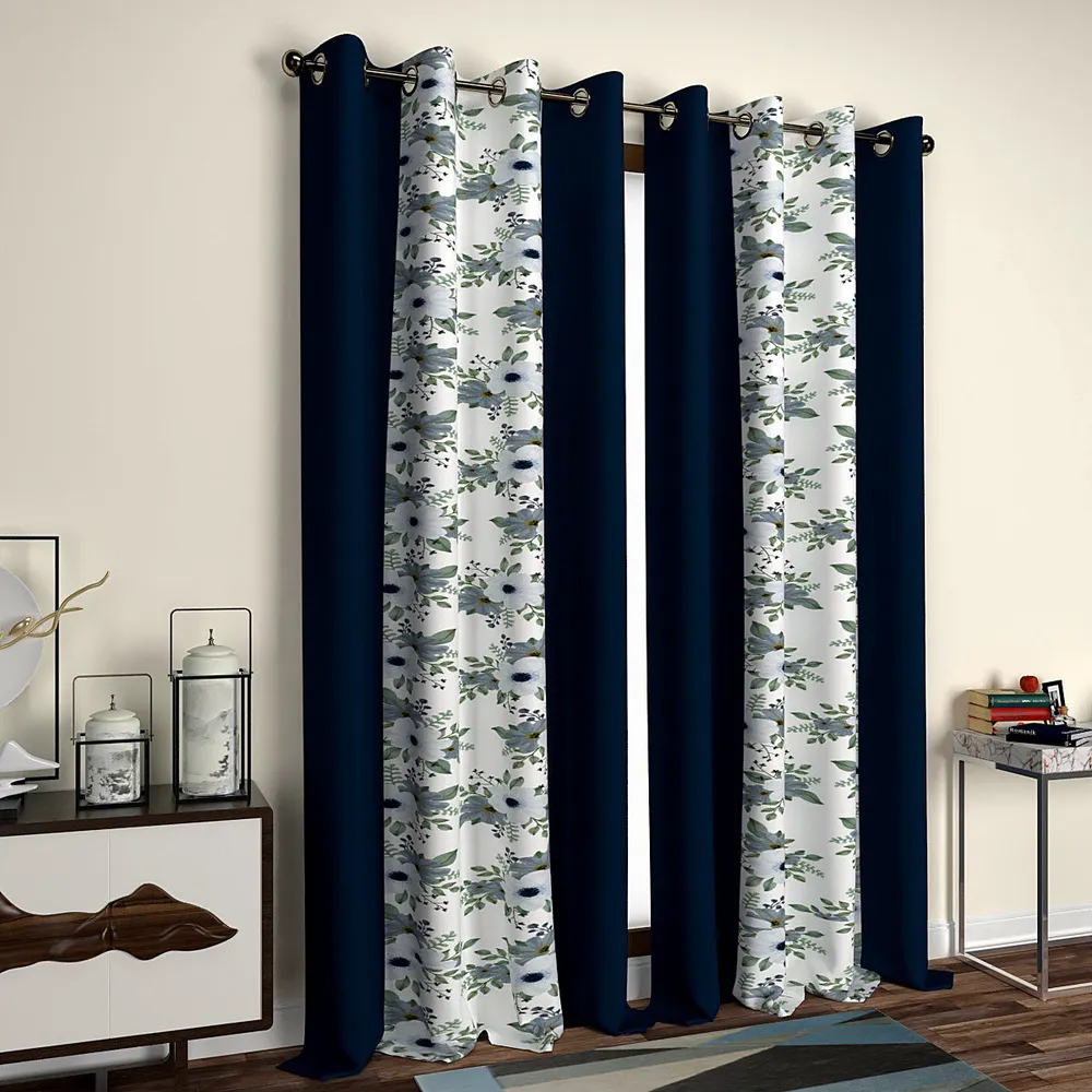 Navy Blue Floral Designer Layered Window Curtain