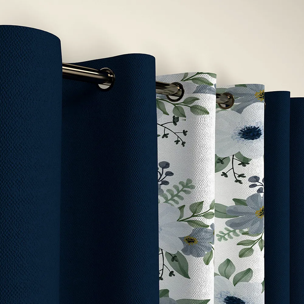 Navy Blue Floral Designer Layered Window Curtain