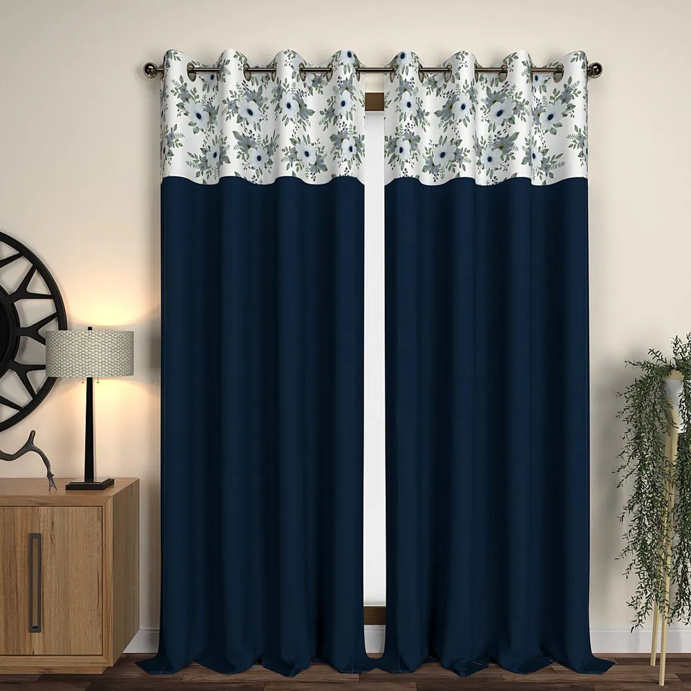 Navy Blue Floral Semi-Designer Door Curtain Regular Single Piece (7ft)