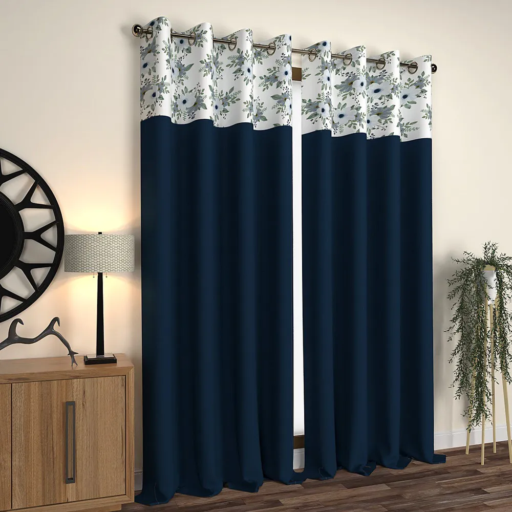 Navy Blue Floral Semi-Designer Window Curtain