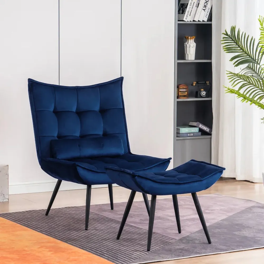 Navy Blue Leatherette Armchair With Footrest & Cushion Single Piece