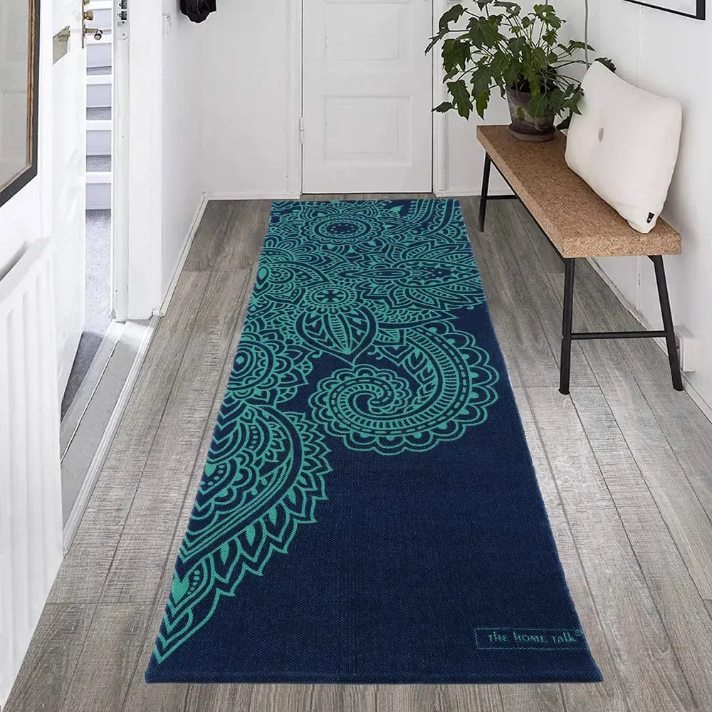 Navy Blue Mandala Art 100% Cotton Designer Yoga Mat / Excercise Mat- 2x6 ft