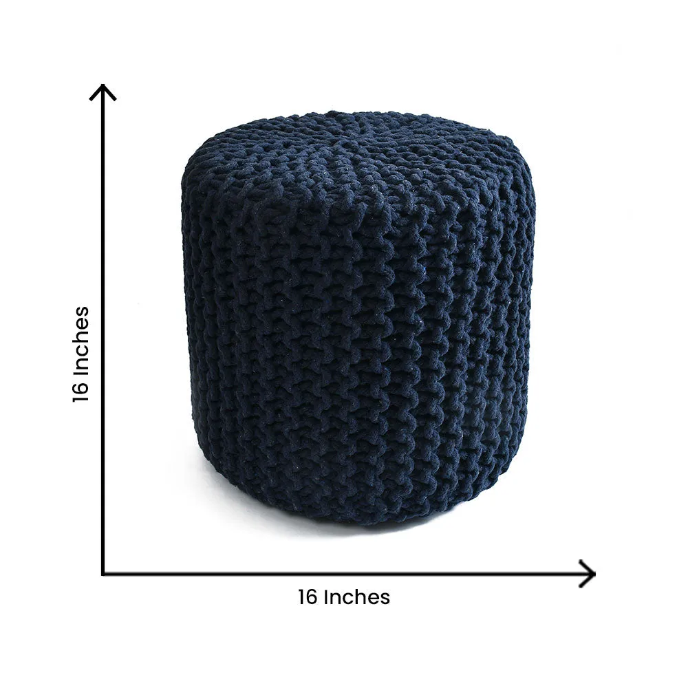Navy Blue Solid Cotton Knitted Pouffe