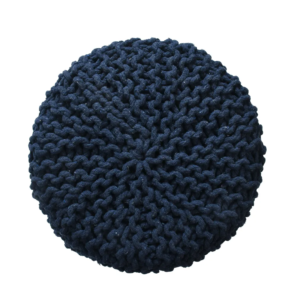 Navy Blue Solid Cotton Knitted Pouffe