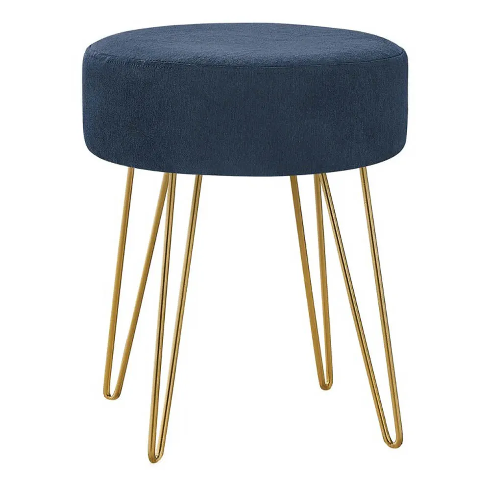 Navy Blue Velvet Vanity Stool with Golden Legs