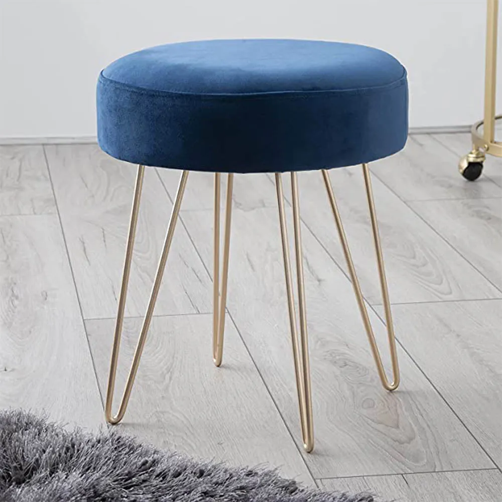 Navy Blue Velvet Vanity Stool with Golden Legs