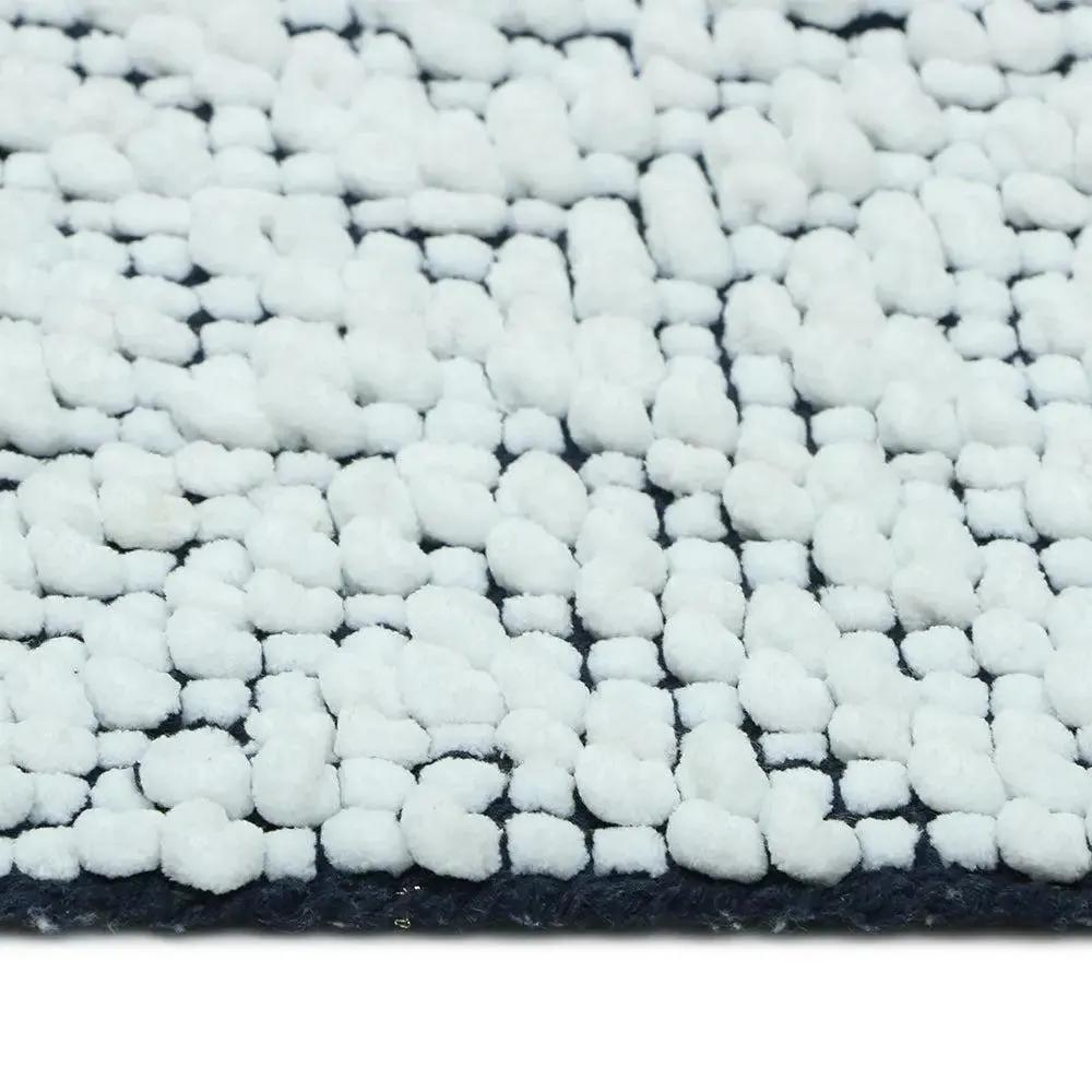Navy blue & White Designer Micro Chenille Bathmat