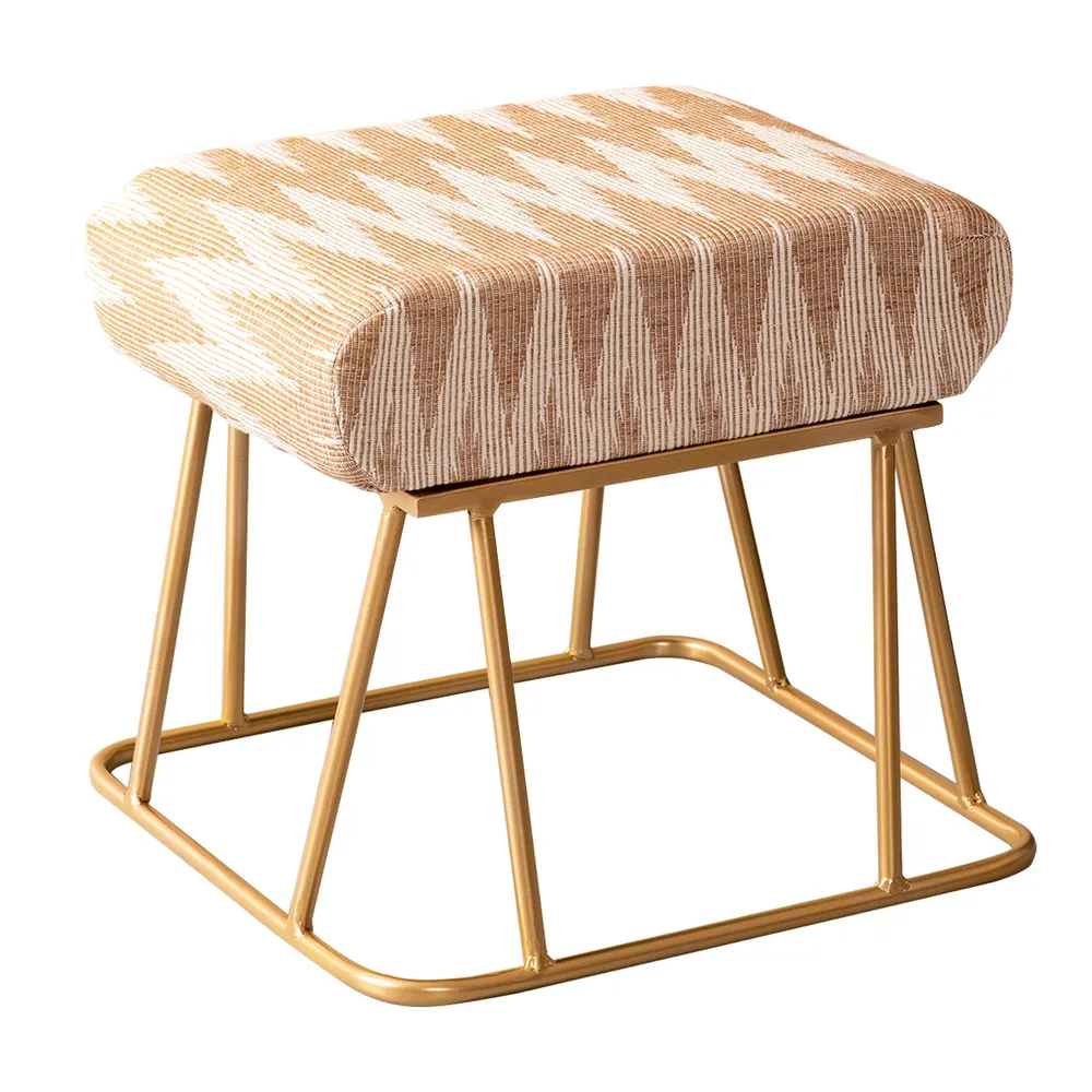 Neutral Peachy Pink Ikat Printed Woven Jacquard Cotton Upholstered Metal Ottoman Stool