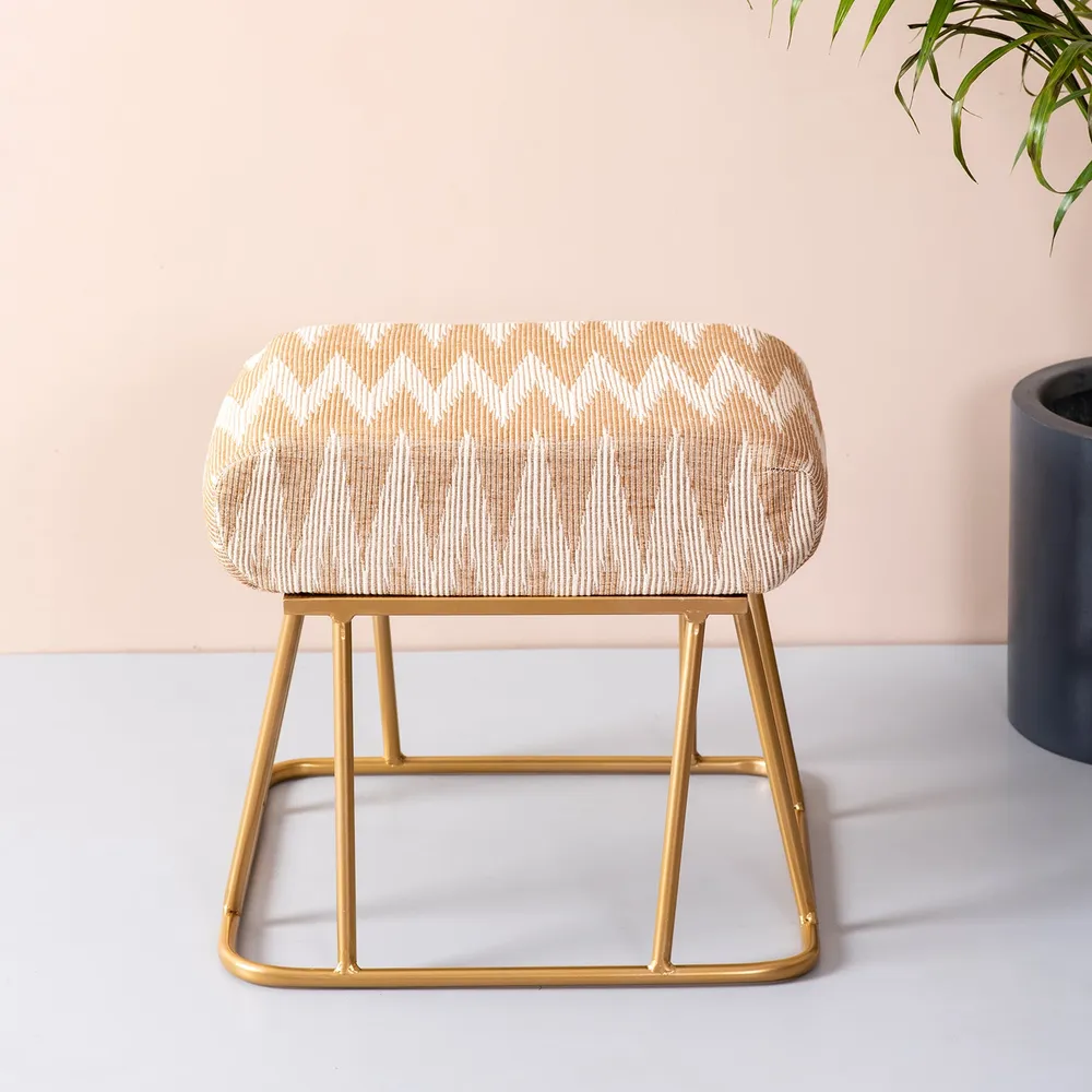 Neutral Peachy Pink Ikat Printed Woven Jacquard Cotton Upholstered Metal Ottoman Stool