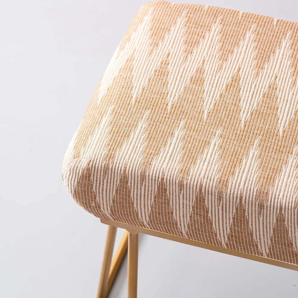 Neutral Peachy Pink Ikat Printed Woven Jacquard Cotton Upholstered Metal Ottoman Stool