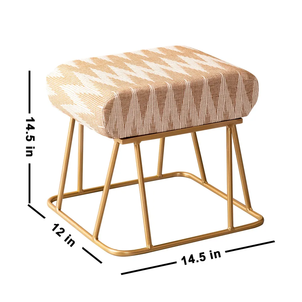Neutral Peachy Pink Ikat Printed Woven Jacquard Cotton Upholstered Metal Ottoman Stool