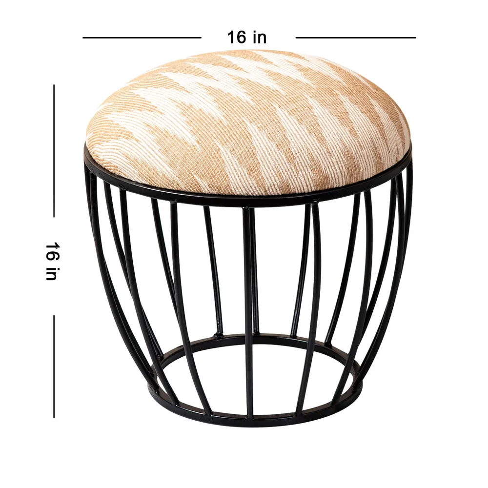 Neutral Peachy Pink Ikat Printed Woven Jacquard Metal Ottoman Stool